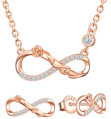 Yumilok Damen Schmuckset Halskette mit Rose Unendlichkeit Anhänger & Damen Ohrstecker Ohrringe aus 925 Sterling Silber Roségold