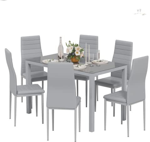 Jooli H Dining Table and Chairs Set 6, Modern Glass Table with 6 High Back Faux Leather Chairs for Home Office Use (Grey)