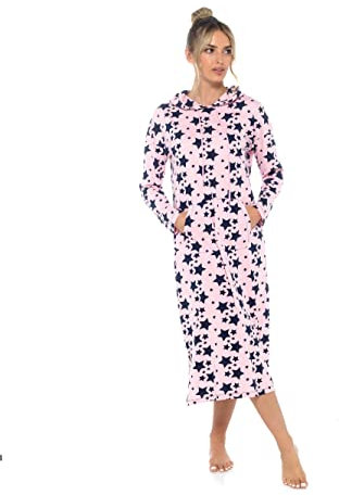 INSIGNIA Ladies Jersey Hooded Lounger Nightdress Nightie Long Sleeve (Pink, 20-22)