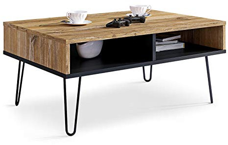 Viosimc Couchtisch Industrial Style für Wohnzimmer, Retro und Schwarz Industriesofa Beistelltisch mit stilvollen Metallbeinen, Wohnzimmertisch (Retro - Schwarz)