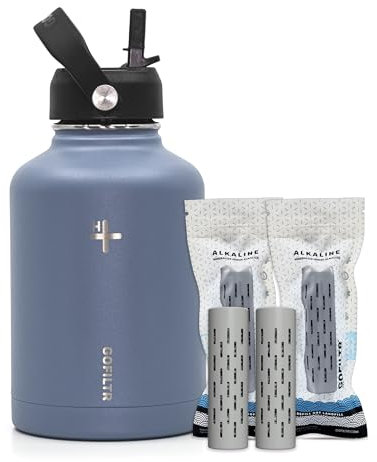 GOFILTR Botella de agua alcalina de 50 onzas con tapa de popote + dos infusores de agua alcalina de 9.5 ph, botella de agua aislada deportiva, crea agua alcalina, color: glaciar