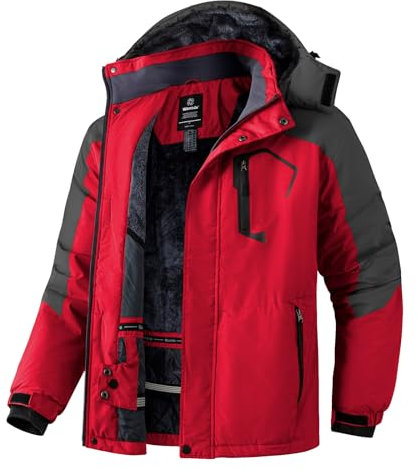 Wantdo Homme Veste de Ski Montagne Outdoor Manteau d'hiver Chaud avec Capuche Amovible Veste Imperméable Coupe-Vent Veste Randonnée pour Voyage Rouge+gris-N S