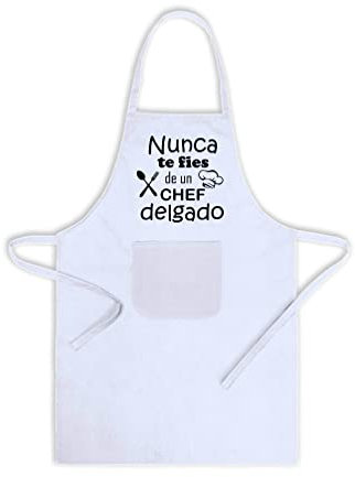 SAQUITOMAGICO Delantal divertido y gracioso Nunca te Fíes de un Chef Delgado.-regalo cumpleaños y fiestas (blanco)