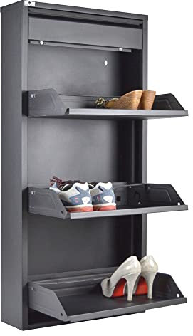 Platzsparendes Schuhregal Slim mit 3 Türen, schwarz, mit zusätzlicher Schublade, für 6 bis 9 Paar Schuhe und Stiefel (siehe Video) | Schuhregal aus Metall, 15 Jahre Garantie, Innen- und Außenbereich