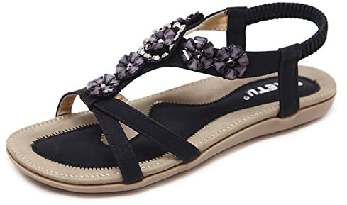 Sandales Femmes Plates Bohème Strass Fleurs Cuir PU Nu Pieds Été à Claquette Plage Semelle Confortables Bride Cheville pour Plage Vacances