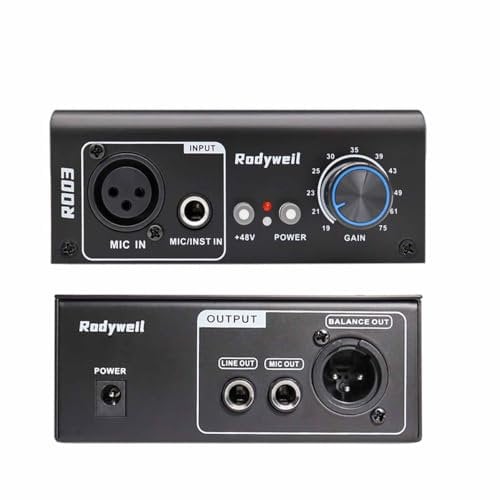 Rodyweil Microphone Preamp Gain Booster for Dynamic Condenser Mic Max 75db Gain for Audio Interface Live Streaming