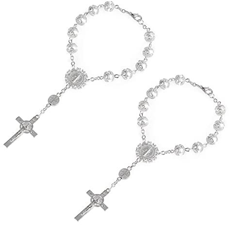 Jagowa 2 Stück Rückspiegel-Rosenkranz Imitation Perle Auto Ornament Hängende Armband Kreuz Rosenkranz Auto Anhänger Zubehör (Silber)
