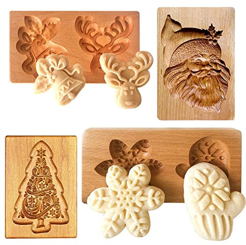 4 Stück hölzerne Keksformen Kekse geschnitzte Holzform DIY Keksstempel Ausstechform lustige 3D-Presse Prägeform für Weihnachten Backwerkzeug