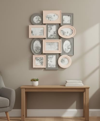 Biznest Multi Aperture Photo Frame 12Pc 8X 6X4 And 4X 4X4 Inch Photo Frames Collage Picture Wall Mounted Frame Pink & Grey