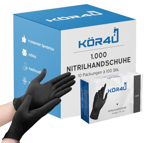 kör4u Nitrilhandschuhe, 1000 Stück, puderfrei, latexfrei, Einweghandschuhe, Einmalhandschuhe, Lebensmittelhandschuhe (Schwarz, XL)