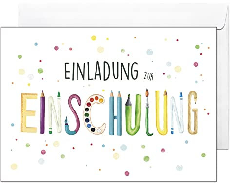 CALLUNA® – Einladungskarten zur Einschulung mit Relieflack und bunten C6-Versandhüllen – Bunte Einladung mit schönem Motiv für Kinder zum Schulbeginn – Liebevoll gestaltete Einladung zur Einschulung