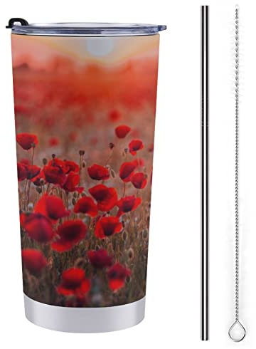 FJAUOQ Gobelet en acier inoxydable coquelicots floraux de 20 oz avec couvercle et paille, gobelet à café isolé tasse de voyage pour maman papa cadeau Saint Valentin cadeaux