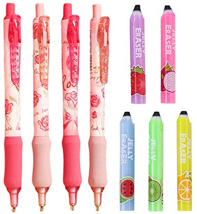 Shulaner Cute Mechanical Pencil 0.5mm with 2 Eraser, Beautiful Flower Rose Automatic Pencil 0.5 with Super Soft Grip, 4 Pcs - Rose