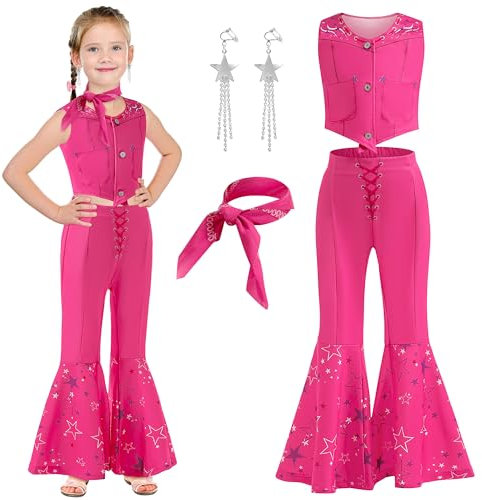 GMEDJVE Ragazze Cowgirl Costume Film Heroine Cosplay Rosa abito da cowgirl Bambini Western Vestire Festa di Compleanno Stage 3-12Y