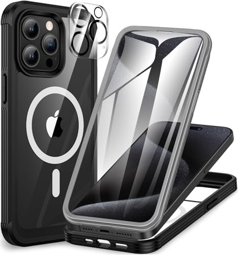 CENHUFO für iPhone 15 Pro Max Hülle, Kompatibel mit MagSafe Eingebautem Panzerglas Displayschutz und Kameraschutz 360 Grad Schutzhülle Stoßfest Case Magnetisch Handyhülle iPhone 15 Pro Max,Schwarz