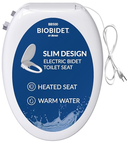 Bio Bidet BB500 - Asiento de inodoro eléctrico de perfil bajo, agua tibia, asiento delgado con calefacción con sensor inteligente y tapa de cierre lento, luz nocturna, alargado, color blanco