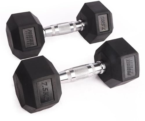 Phoenix Fitness Hex Dumbbells - Pair of Rubber & Cast Iron Hexagonal Dumbbell Hand Weights for Men and Women at Home & Gym - Weight: 7.5kg