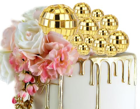 12pcs Disco Ball Cake Toppers, 4 Sizes Golden Disco Theme Cake Toppers Disco Ball Cake Decorations Dessert Accessories for Birthday Cake 70s Theme Party Favor