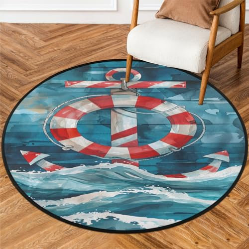 Runder Teppich, 91 cm, kleiner Kreis, waschbar, rutschfest, für den Innenbereich, rund, für Wohnzimmer, Schlafzimmer, Zuhause, Büro, Kinderzimmer, Anker, Schwimmring, Wellen