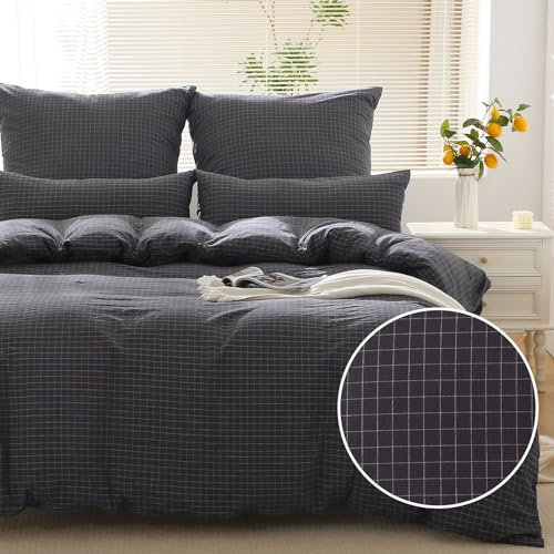 SOULFUL Bettwäsche 155x220 Baumwolle Kariert, 100% Gewaschene Baumwolle Grau Bettwäsche-Sets mit Leinenartigem Griff Enthält 1 Bettbezug 155x220 und 1 Kissenbezüge 80x80