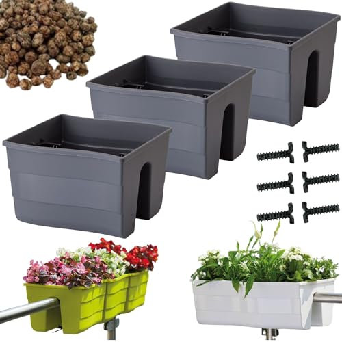 DIKEL 3X Geländerkasten | Balkonkasten mit Bewässerungssystem und Gummikappen für Wasserablauf | Übertopf für Balkon oder Garten| Pflanzentopf schützt Wurzeln und verhindert Staunässe | Anthrazit
