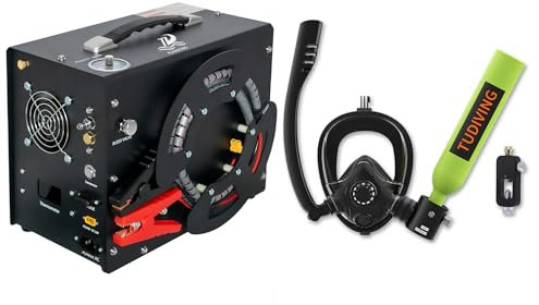 TUDIVING-Juego de Tanque de Buceo de 0,5 L, minicilindro de oxígeno con máscara de Snorkel de Cara Completa, Kit de Buceo de Viaje portátil for Viajes Nadar Rescate (Green S200Plus A3+Air Compressor)