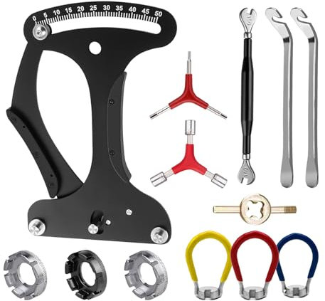 SWTHM 12Pcs/pk Bicycle Spoke Tension Meter Wrench Repair Tool Set, Bike Spoke Adjustment Bicycle Wrench Aluminium Alloy Wheel Repair Tool with Valve Wrench/Tire Lever/Hex/Socket Wrench/Spoke Wrench