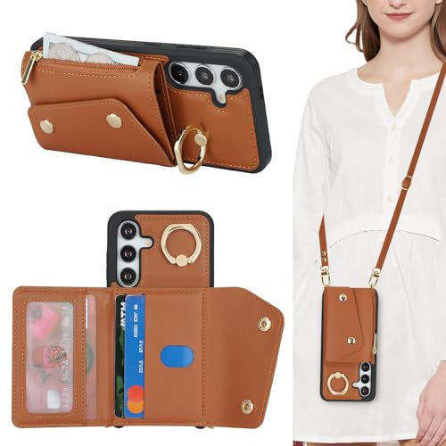 Lipvina Coque pour Samsung Galaxy S24 avec Cordon Porte Carte Coque zippé Portefeuille Femme Telephone Portable Réglable Collier Housse Étui avec Anneau pour Femmes - Marron