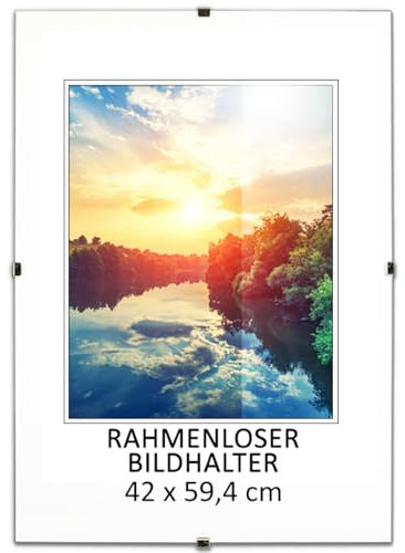 MG Design Rahmenloser Bilderrahmen, A2, 42 x 59,4 cm - mit Clips, Acrylglas, HDF-Platte - zum vertikalen oder horizontalen Aufhängen/Aufstellen, Cliprahmen für Fotos, Poster, Puzzles
