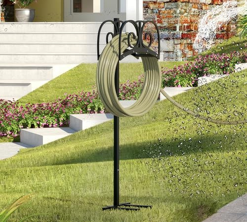 CALIDOLA Garden Hose Holder Stand with 4 Spikes, Heavy Duty, Holds 150ft