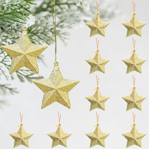 DITK-U 12PCS Stern Weihnachten Deko 7CM Gold Weihnachtsdeko Weihnachtsschmuck Glitzer Deko mit Lanyards Für Baumschmuck,Kamin,Fenster,Advent,Hochzeit
