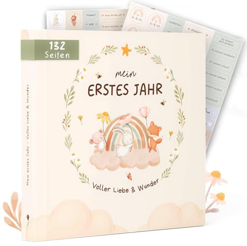 GLÜCKSNEST Mein erstes Jahr Babyalbum mit 138 Stickern | Babybuch zum Eintragen mit kreativen Vorlagen | Erinnerungsbuch Baby für Mädchen & Jungen | Babywunsch Liste | Baby Geschenk Geburt