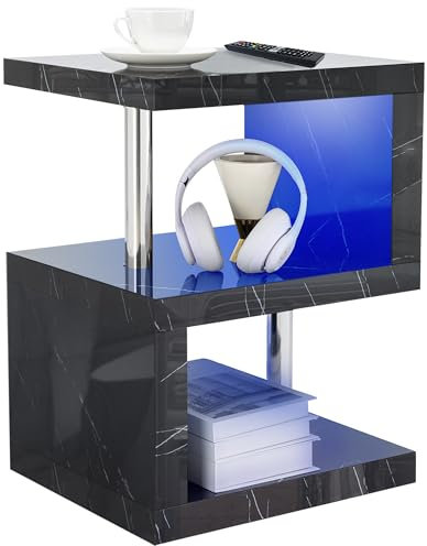 Blisswood High Gloss Small Side Table, S-Shaped Sofa Side Table with Storage Shelves & RGB LED Lights, Modern End Table for Living Room, Bedroom or Small Spaces, Black Marble