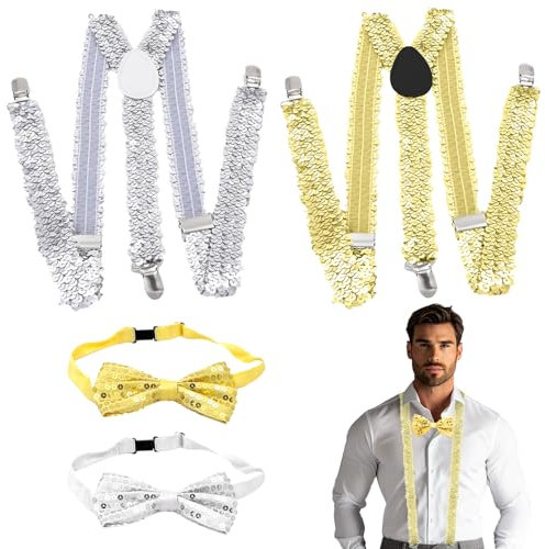 KASURE 4 Stück Glitzer Outfit Herren, Pailletten Hosenträger und Fliege, Glitzer Kostüm Herre mit Pailletten Hosenträger Pailletten Fliege für Jazz Hip-Hop Dance Performance, Halloween Mottoparty