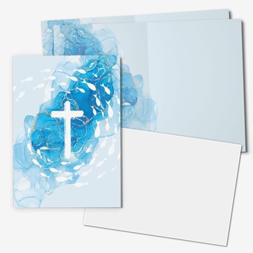 younikat Karten Kommunion Taufe Hochzeit Konfirmation I 15x mit Einlegeblatt zum bedrucken und Umschlägen I für Einladungen Danksagungskarten Blaue Fische Kreuz I dv1564