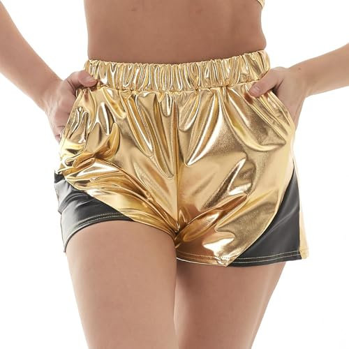 ABEHIK Damen Metallic Shorts Sexy Pailletten Hose Kurz Y2K Gl�nzender Bar-Shorts Glitzer Hotpants Musikfestival Karneval Kost�m f�r Frauen Nacht Clubwear golden S
