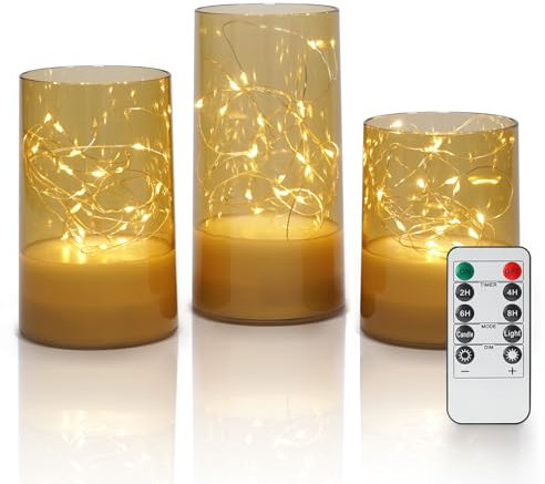 Fanna 3 Gold LED Acrylkerzen mit Lichterketten für Haus Dekoration, Flammenlose Zylinder Laternen mit Timer und Fernbedienung für Weihnachten - H10 / 12,5 / 15cm