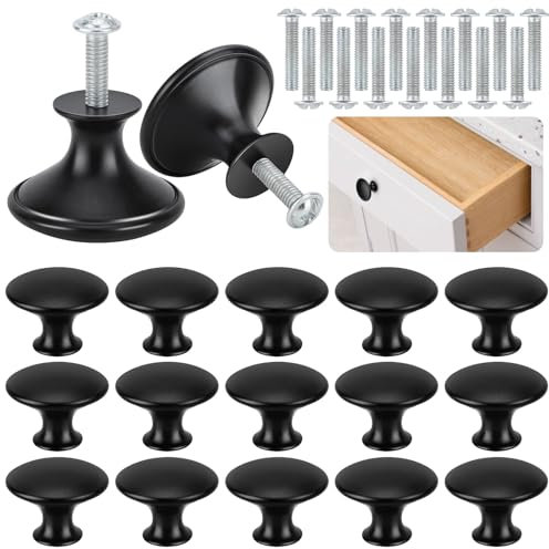 BREANIFULL 24 Noir Mat Tiroir de Porte,Boutons de Placard Noirs, 30mm Rond Bouton de Meuble,Rond Poignée Cuisine Noir avec Vis pour Meubles Tiroirs Armoires Portes Salle de Bains (Forme de Aplatie)