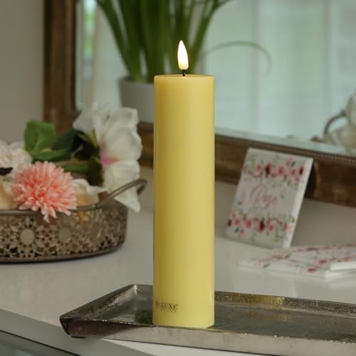 MARELIDA LED Kerze Echtwachs Deluxe Homeart Stumpenkerze mit realistischer 3D Flamme mit Wachsspiegel gelb Indoor (D: 5cm - H: 20cm)