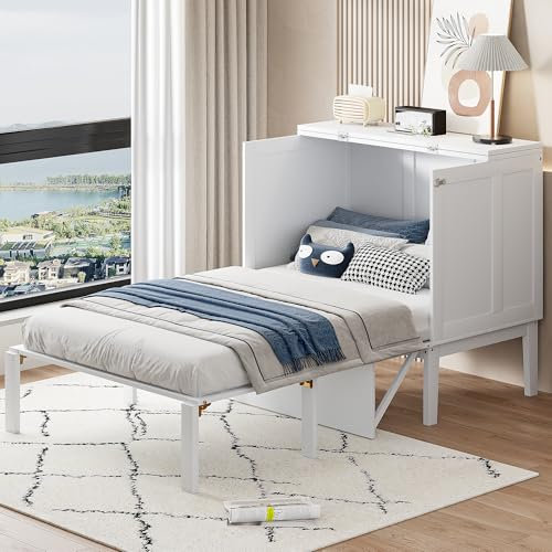 Lcoho Schrankbett (90x200 cm), Wandbett mit Lattenrost, Wandklappbett, vertikales Schrankbett mit Lattenrost, Jugendbett, weiß