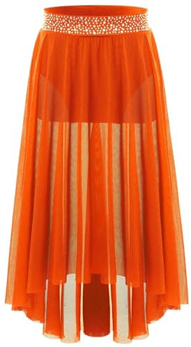 MTKSFDC Mädchen Lyrisch Tanzkleid Mädchen Lyrical Contemporary Dance Set Strass Crop Top Mesh Chiffon Hi-lo Turnanzug Rock Gymnastik Eislaufen Ballett Outfit(Orange,14)