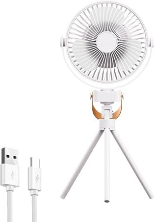 AVEKI Portable Camping Fan, Battery Operated Small Powered Fan with Tripod&Hooks,360° Rotate Personal Fans with LED Light,Rechargeable Fans with Dual Charging Ports for Tents Travel Outdoor (White)