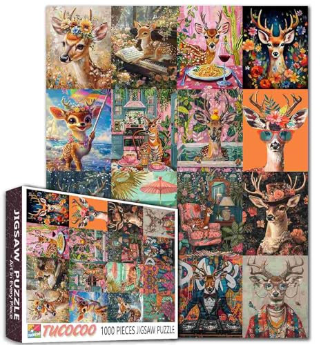Tier-/Wildtier-Puzzles für Erwachsene, Hirsch-Serie, Malpuzzle, Sika-Hirsch mit Blumenkopf, 1000 Teile, Puzzle-Spiel, Badezimmer-Szene, Wanddekoration, Bastelpuzzle, Kunst (bunt)