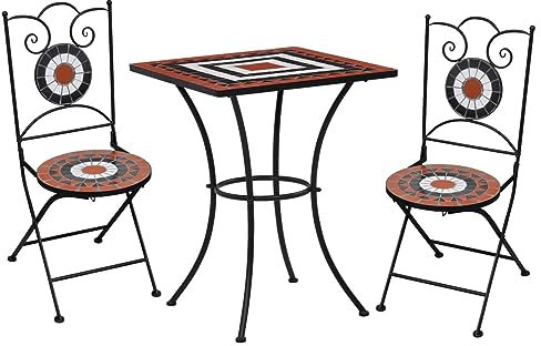 Homgoday Set Bistrò 3 pz con Mosaico in Ceramica Terracotta e Bianco, Arredo Mobili da Giardino, Tavolo e Sedie da Giardino Esterno Set, Set da Pranzo da Giardino Set
