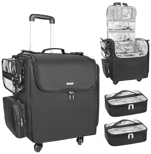Relavel Rolling Makeup Train Case with 4 Wheels, Hairstylist Traveling Bag with Adjustable Dividers & Heat Insulation Full Layer, Hair Tools Cosmetics Storage Organizer Trolley Suitcase Makeup Cart