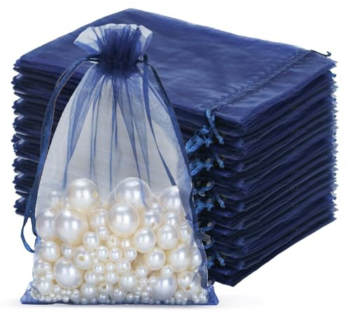jijAcraft - Sacchetti in organza, 13 x 18 cm, grandi, colore blu marino, 100 sacchetti regalo con coulisse, trasparenti, da riempire, per matrimonio, per gioielli e caramelle