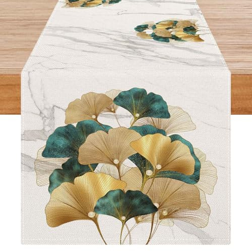 Avalune Tischläufer Modern Winter Grün Blätter Leinenoptik Läufer Tisch Gold Ginkgo Biloba Marmor Textur Frühling Abwaschbar Outdoor Table Runner für Urlaub Party Küche Tischdeko 40x140cm