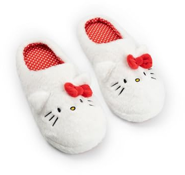 Hello Kitty Hausschuhe in Weiß | Flauschige Hausschuhe mit 3D-Ohren und Schleife | Cartoon-Design für Damen | Weiche für Zuhause |Merchandise