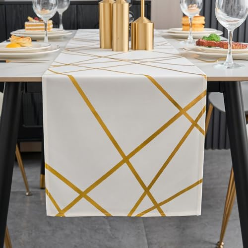 Brylleii Tischläufer Modern Weiß Glänzend Gold Geometrie 33 cm Breit Tischdeko Tischband 180 Lang Abwaschbar Landhausstil Vintage Tischdecke Dekoratives für Couchtisch Esstisch Küche Hochzeit