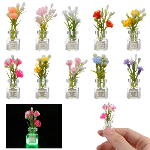 10 Pcs Miniature Dollhouse Plant Flowers Set Tiny Small Glow in The Dark Glass Vase Flowers Plant House Decor Faux Flower Model for Tiny Houses Micro Landscape Train Platform Fairy Garden Accessories​